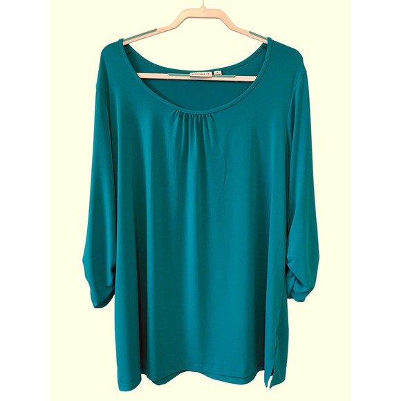 Susan Graver Womens Size XL Liquid Knit Teal Tunic Top 3/4 Ruched Sleeve Career - Picture 1 of 7